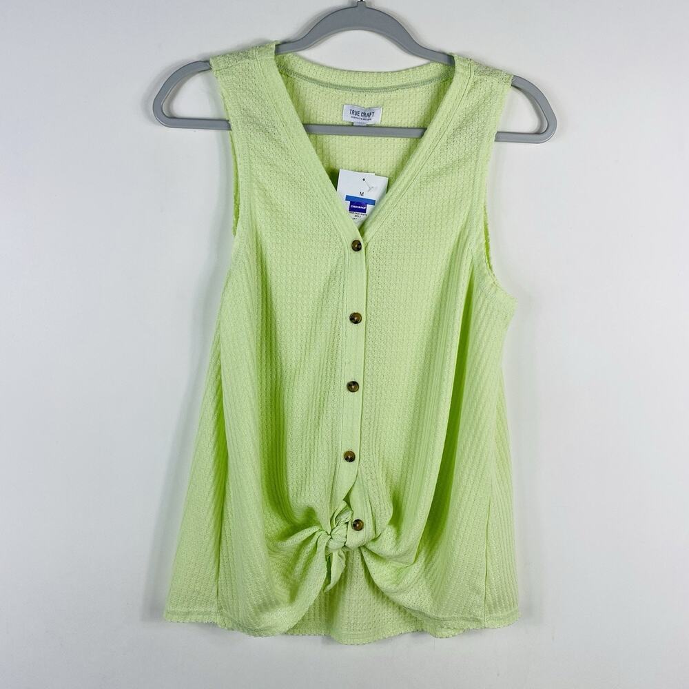 True Craft Tank Top Medium Green Waffle Sleeveless Knot Front Casual